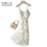 白色真丝吊带连衣裙v领显瘦气质度假沙滩海边长裙性感小礼服仙女
