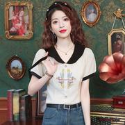 新中式国风娃娃领短袖衬衫女2024夏季设计感小众显瘦盘扣上衣
