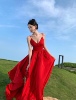 红色显白吊带露背v领连衣裙泰国海边度假沙滩裙旅拍长裙宴会礼服