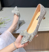 水晶高跟鞋婚鞋法式女2023年主婚纱新娘，鞋银色不累脚日常可穿