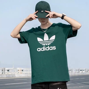 阿迪达斯三叶草绿色短袖，男2024春季透气半袖，大码运动服t恤衫