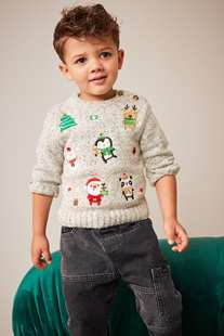 英国next童装23冬男童男宝宝，圣诞驯鹿企鹅，卡通套头针织衫毛衣