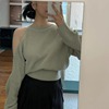 韩国chic秋季法式小众设计感单肩镂空露肩收腰短款圆领套头毛衣女