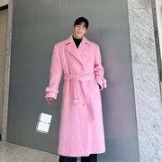 秋冬网红粉色韩版加厚气质中长款大衣男双排扣羊毛呢子风衣潮