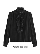 ALISON欧美自制法式立领丝绒衬衫女冬款黑色设计感荷叶边气质上衣