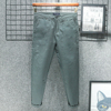 香港灰绿色秋季 九分休闲裤男士修身小直筒小脚高端160纯棉裤子