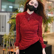 新中式立领蕾丝衬衫女长袖春秋国风打底小衫气质修身红色上衣