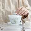 羊脂玉瓷兰花山水三才盖碗茶杯单个陶瓷茶碗简约手绘白瓷盖碗薄胎