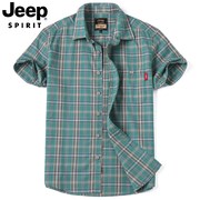 jeep纯棉男士短袖衬衫夏季宽松休闲格子衬衣，男装大码半袖寸衫