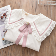 洋气女童纯棉大翻领衬衣儿童粉色蝴蝶结衬衫女孩白色打底衫上衣