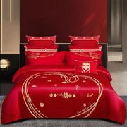 婚庆床品被套四件套大红色全纯棉绣花简约婚房床单结新婚被罩4件