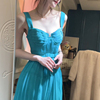 2024年湖蓝色绝美气质法式吊带连衣裙女夏修身小众设计感长裙