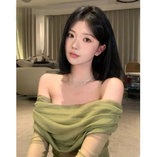 高级感韩式冷淡系绿色露肩抹胸背心女2023夏季长袖显瘦上衣女