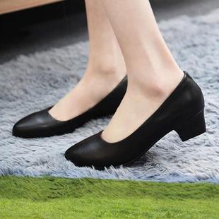 美步女士工作鞋黑色低粗跟职业软皮商务女皮鞋QY-7125黑色35#