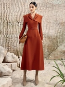 越南设计师高级感通勤砖红色长款打底裙收腰显瘦长袖披肩连衣裙