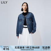 LILY2024春女装复古小香风全棉休闲通勤舒适圆领长袖牛仔外套