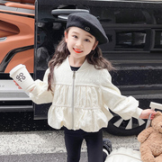 女童春秋外套韩版2024小童，洋气时髦夹克女宝宝，网红泡泡袖上衣