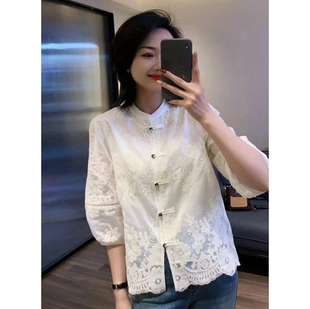 新中式国风蕾丝衬衫女七分中袖春夏季设计感气质显瘦小衫