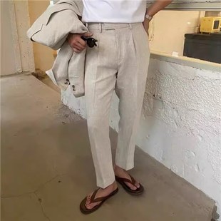 亚麻西裤男英伦棉麻料九r分裤男士休闲裤透气西装裤子直筒大码夏