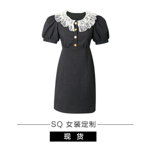 SQ 法式复古甜小众黑色蕾丝领连衣裙夏季短裙2024