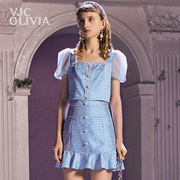 vjcolivia2023春夏蓝色，方领碎花蕾丝短袖，修身短款上衣女装