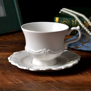西洋咖啡杯碟浮雕陶瓷咖啡杯碟，白色陶瓷杯碟，宫廷杯碟套装瑕疵