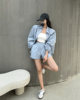 韩国东大门复古蓝色衬衫外套女夏季宽松时尚休闲套装短裤两件套