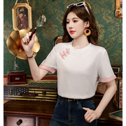 新中式国风盘扣短袖t恤拼接袖口，2024夏女装(夏女装，)复古漂亮短款衬衫