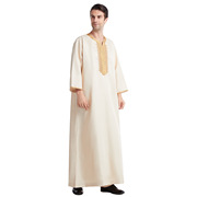 中东阿曼长袍迪拜旅游男士圆领阿拉伯八分袖大袍沙特男子绣花袍子
