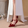爱丽拉酒红色秀禾服婚鞋女2024春季中式新娘高跟鞋绑带高级感