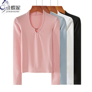 春季韩版v领糖果，色纯色纯棉长袖，修身体恤上衣内搭女打底衫