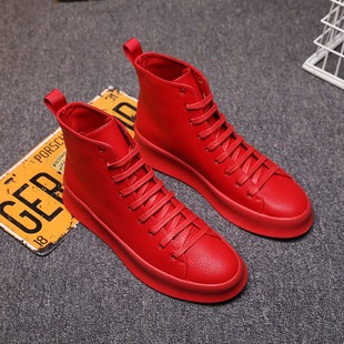 名牌高端男式红色本命年男鞋大红鞋子中国红运动高帮鞋靴子男