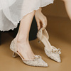 水晶高跟鞋女法式5公分小跟珍珠花朵蝴蝶结，细跟尖头婚宴伴娘单鞋
