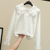 娃娃领衬衫女春季纯棉长袖，白衬衣(白衬衣)甜美蕾丝花边大翻领上衣小衫