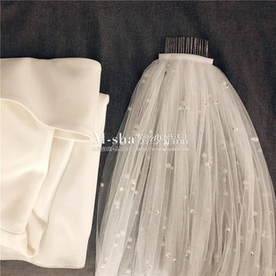 韩式手工珍珠大拖尾3*5米单层头纱软纱主婚纱缎带婚纱头纱