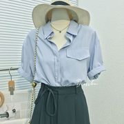 2023夏季韩版气质纯色口袋，装饰翻领短袖简约ol风百搭女衬衫