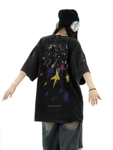 Amoeba原创国潮水洗做旧星空涂鸦短袖男女宽松高街T恤美式半袖