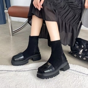 欧版马丁靴女2023年秋冬厚底编织方头小个子显瘦时尚弹力短靴