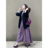 早春穿搭黑色西装外套，紫色吊带连衣裙女气质高级感轻熟风法式韩系