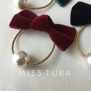 Miss Tura韩国进口绒布蝴蝶结束发发圈 好用珍珠发绳质感束发头绳