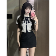 大码微胖mm韩系学姐制服jk学院风套装，女短袖衬衫包臀百褶裙两件套