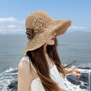夏季草帽沙滩，帽女花朵可折叠防晒大檐海边度假太阳帽遮阳帽