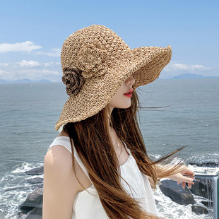 夏季草帽沙滩帽女花朵，可折叠防晒大檐海边度假太阳帽遮阳帽