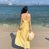 泰国三亚穿搭露背沙滩，长裙女海边度假拍照衣服，超仙黄色吊带连衣裙