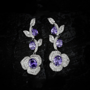 925银针紫色花朵锆石，耳钉时尚气质高雅奢华耳饰，夸张个性高级感