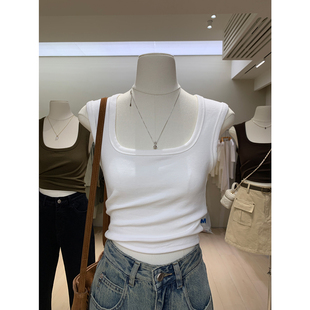 方领吊带背心女士秋季内搭显瘦遮副乳，打底衫短款修身弹力无袖上衣