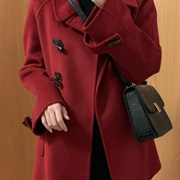 新年红呢子大衣2i023日系牛角扣小个子冬装搭配显高毛呢外套女短