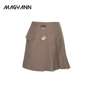 Magyann原创小众设计感深驼色高腰A版百褶拼接半身裙短裙女