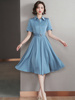 法式雪纺连衣裙收腰显瘦气质衬衫蓝色2022子，小个子女夏中长裙