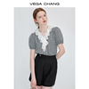 vegachang格纹衬衫女2024年夏季设计感蕾丝，花边领短袖上衣